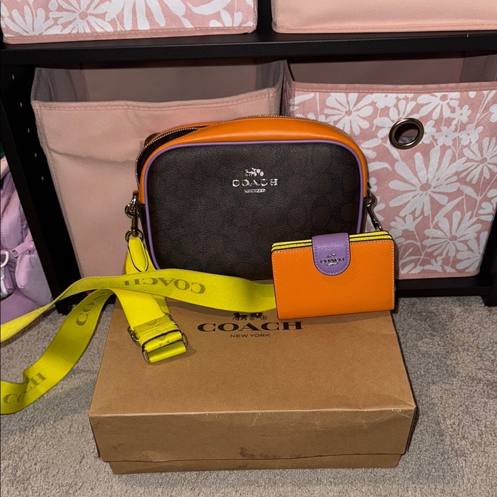 Coach Women's Brown and Orange Crossbody Bag with Matching Wallet